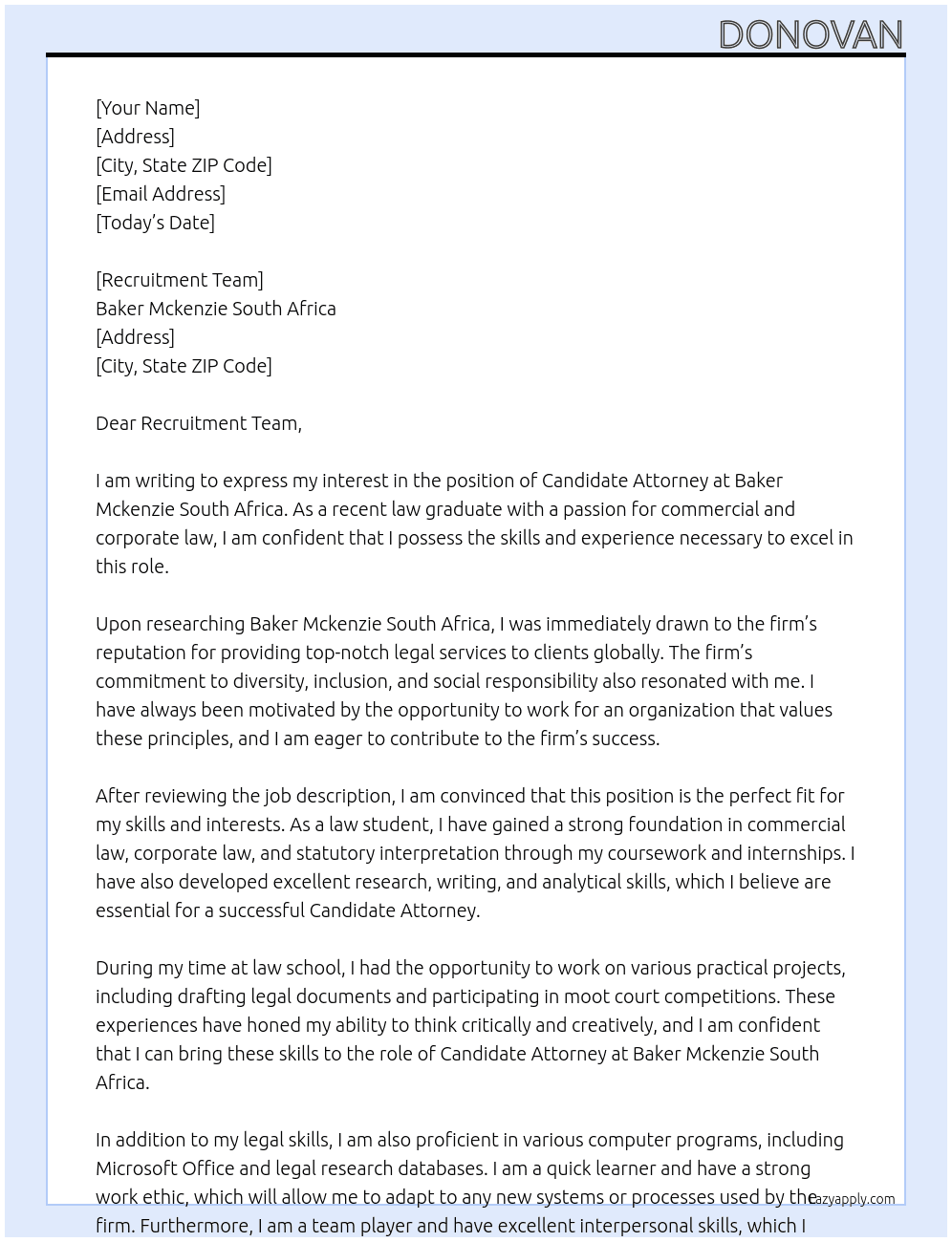 Candidate attorney At Baker Mckenzie South Africa Cover Letter