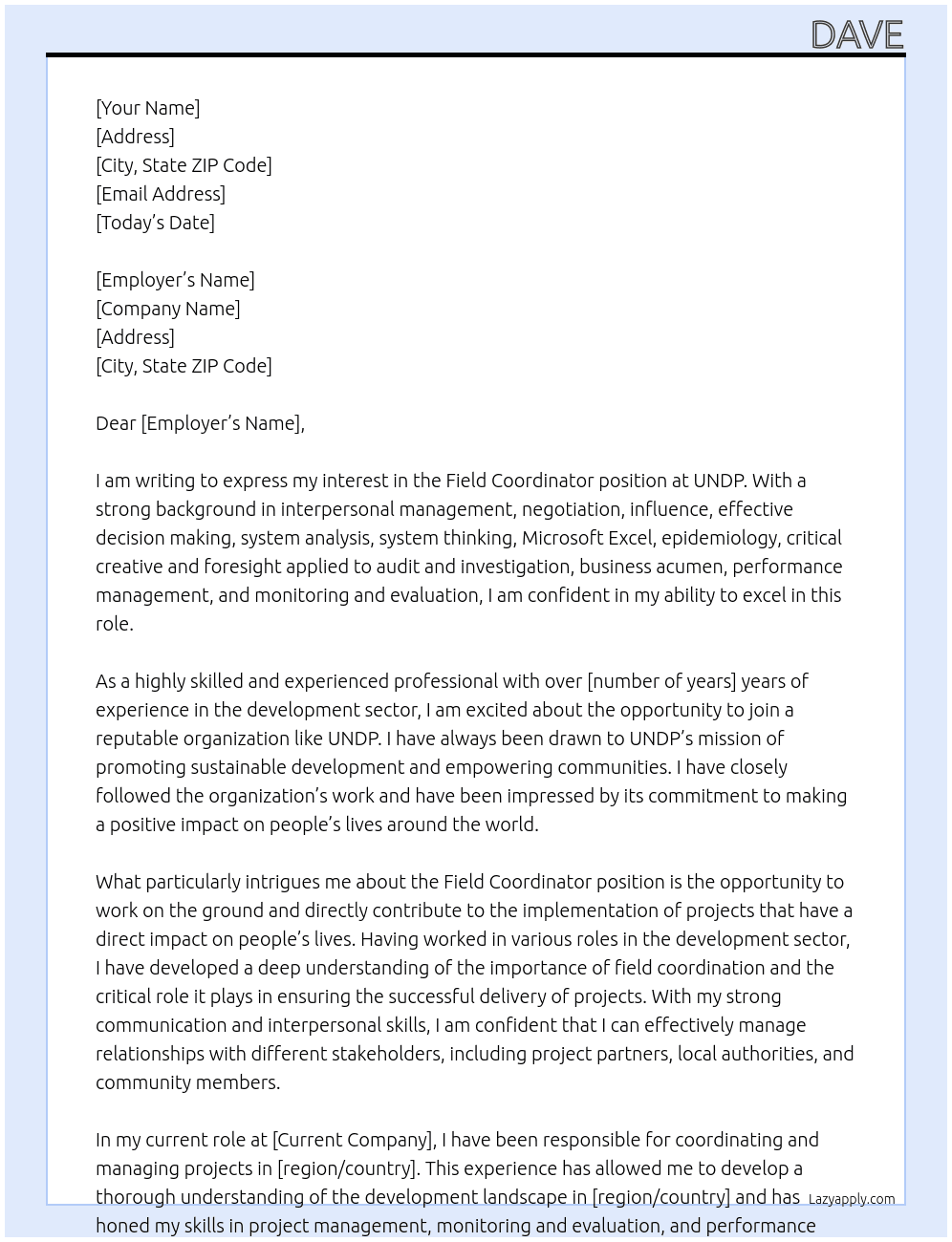 Field Coordinator At UNDP Cover Letter