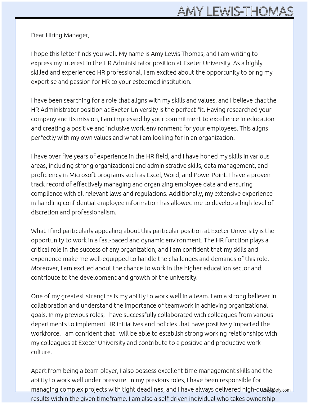HR Administrator At Exeter University Cover Letter