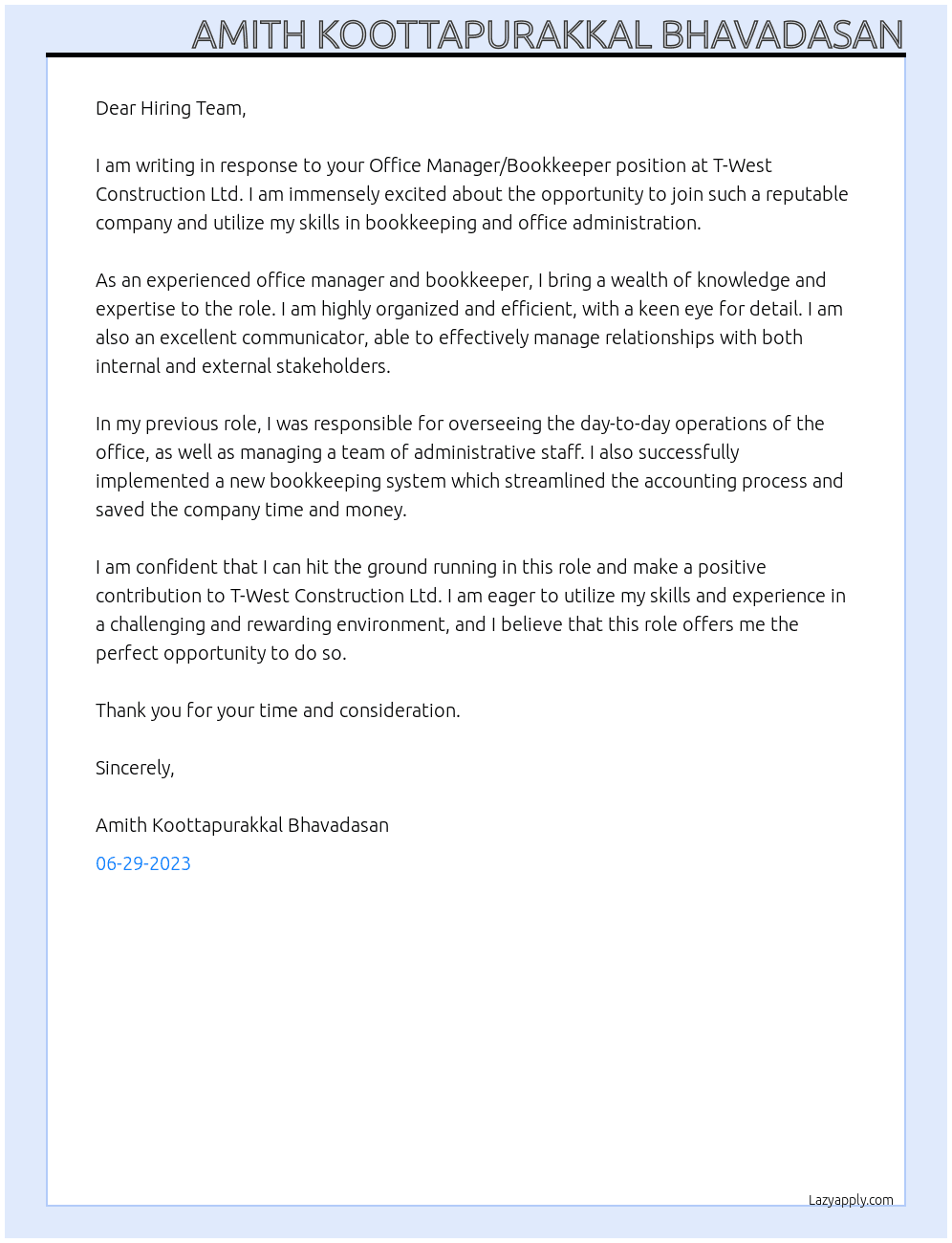 Office Manager/Bookkeeper At T-West Construction Ltd Cover Letter