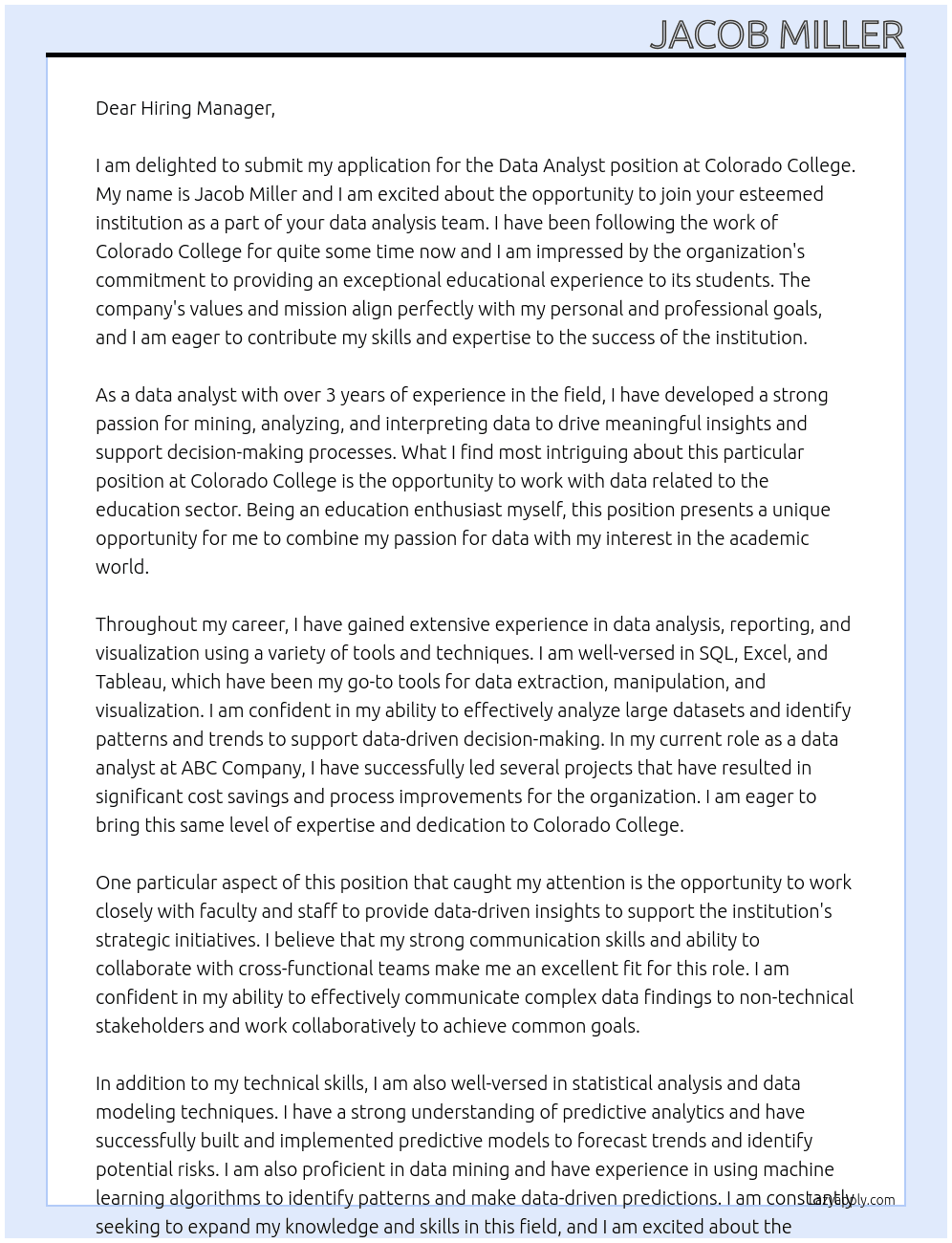 data analyst At Colorado College Cover Letter