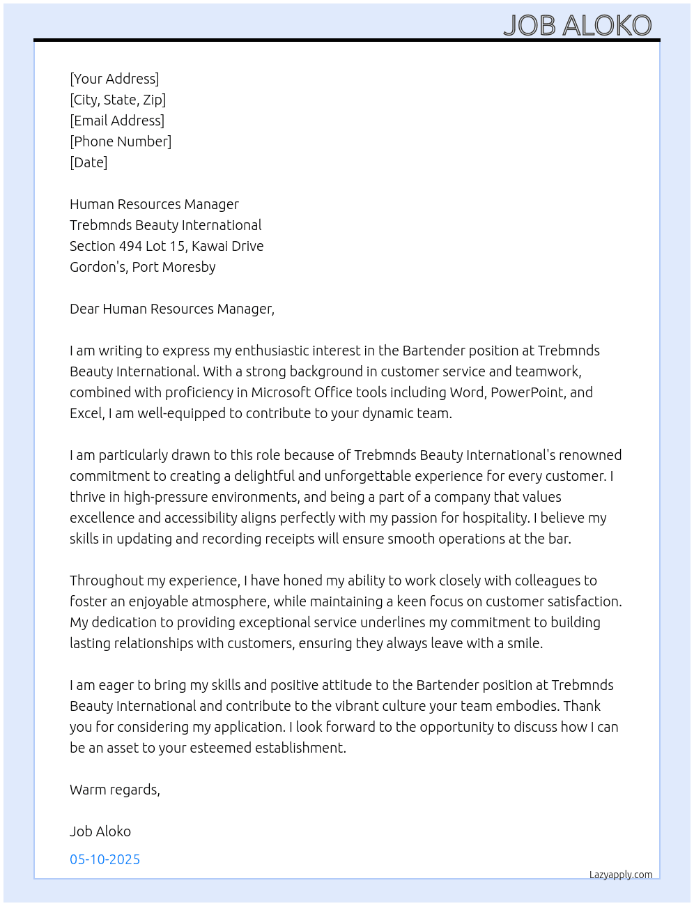 Bartender  At Trebmnds Beauty International  Cover Letter