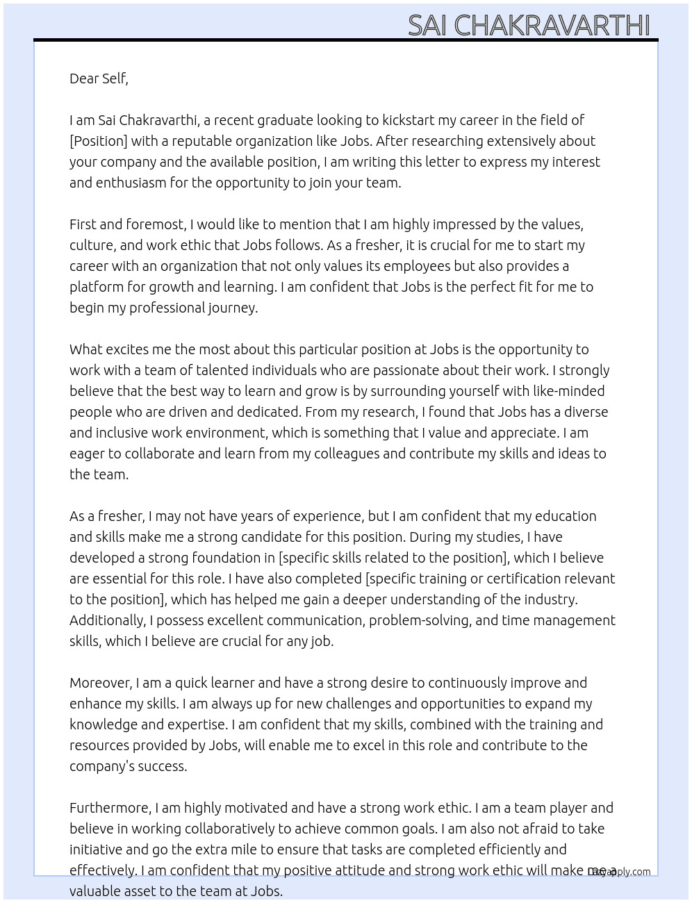 Fresher At Jobs Cover Letter