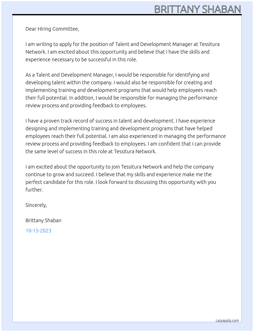Talent and Development Manager At Tessitura Network Cover Letter