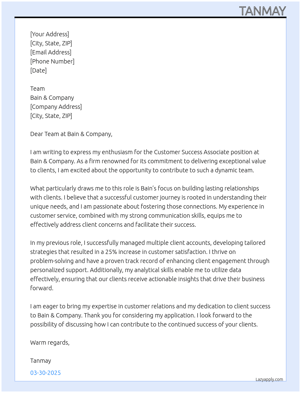 Customer Success Associate At Bain & Company Cover Letter