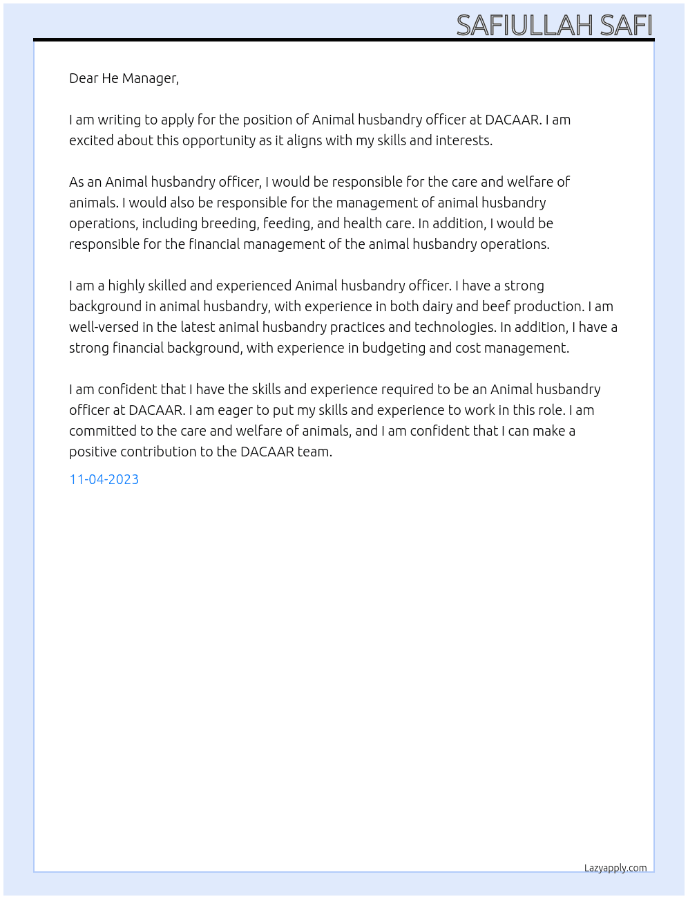 Animal husbandry officer At DACAAR Cover Letter