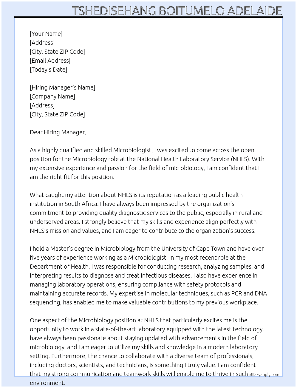 Microbiology At NHLS Cover Letter