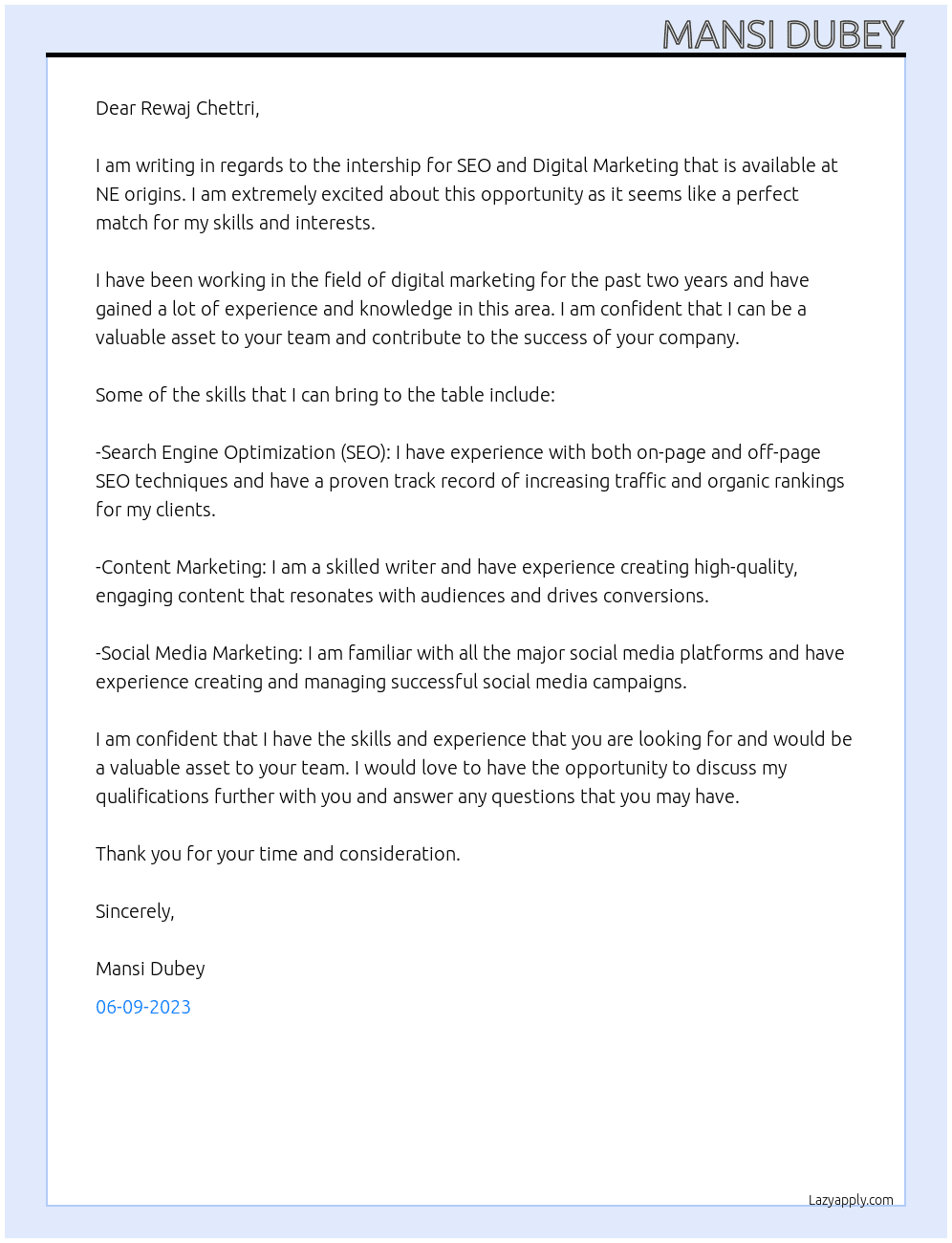 Intership for SEO and Digital Marketing At NE origins Cover Letter