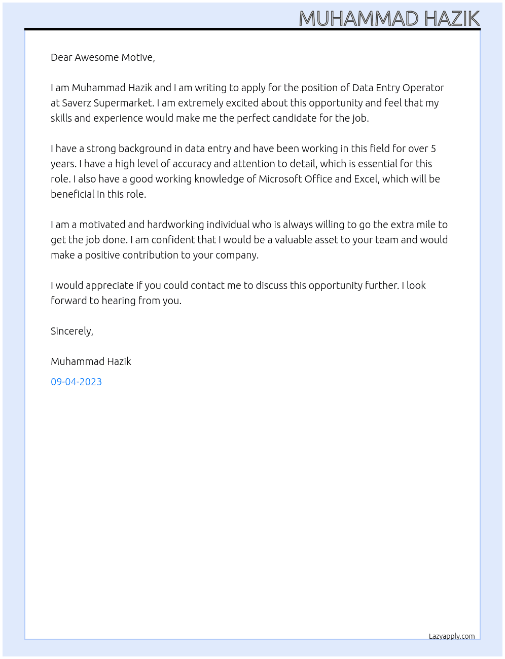 Data Entry Operator At Saverz Supermarket Cover Letter