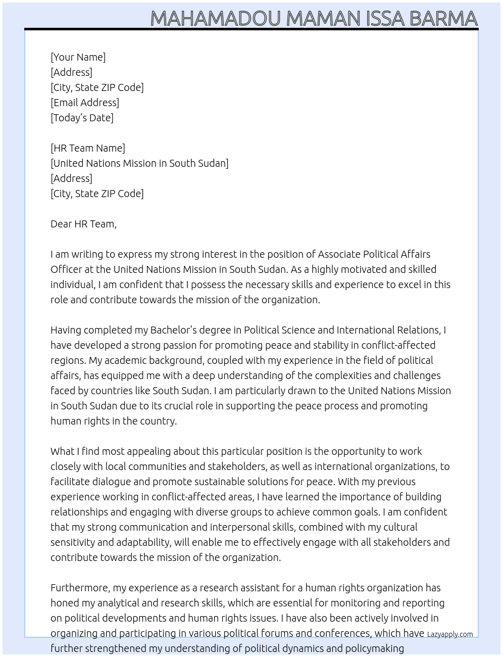 Associate political affaires Officer At united nation mission in south soudan Cover Letter