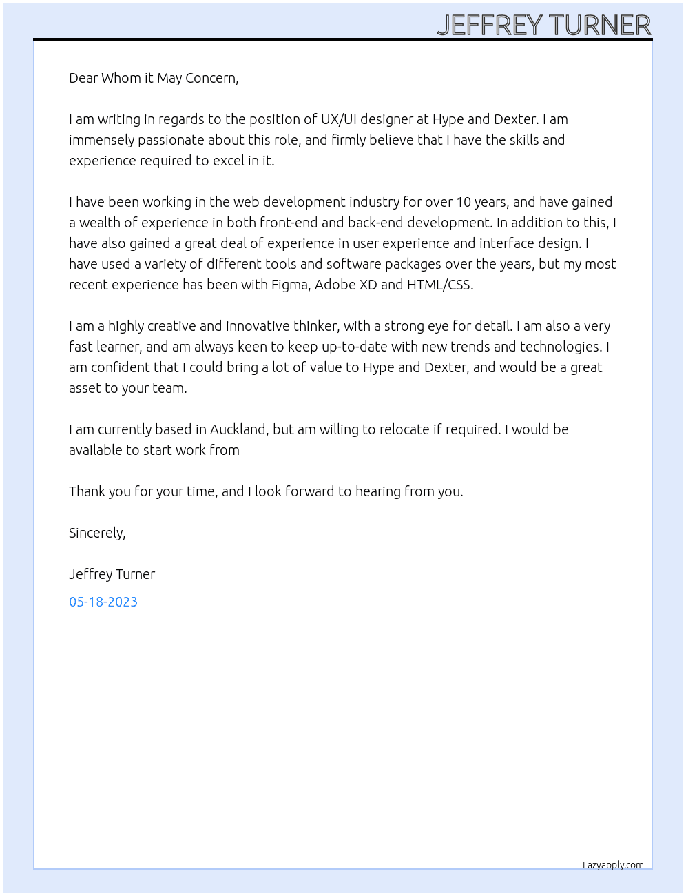 ux/ui designer At Hype and Dexter Cover Letter