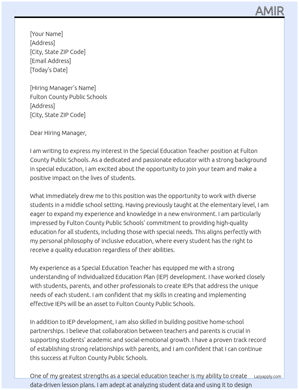 Special education teacher  At Fulton County Public Schools Cover Letter