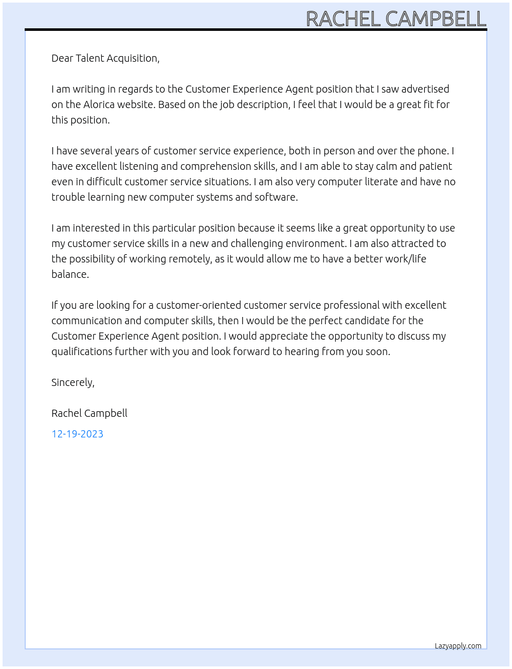 Customer Experience Agent At Alorica Cover Letter