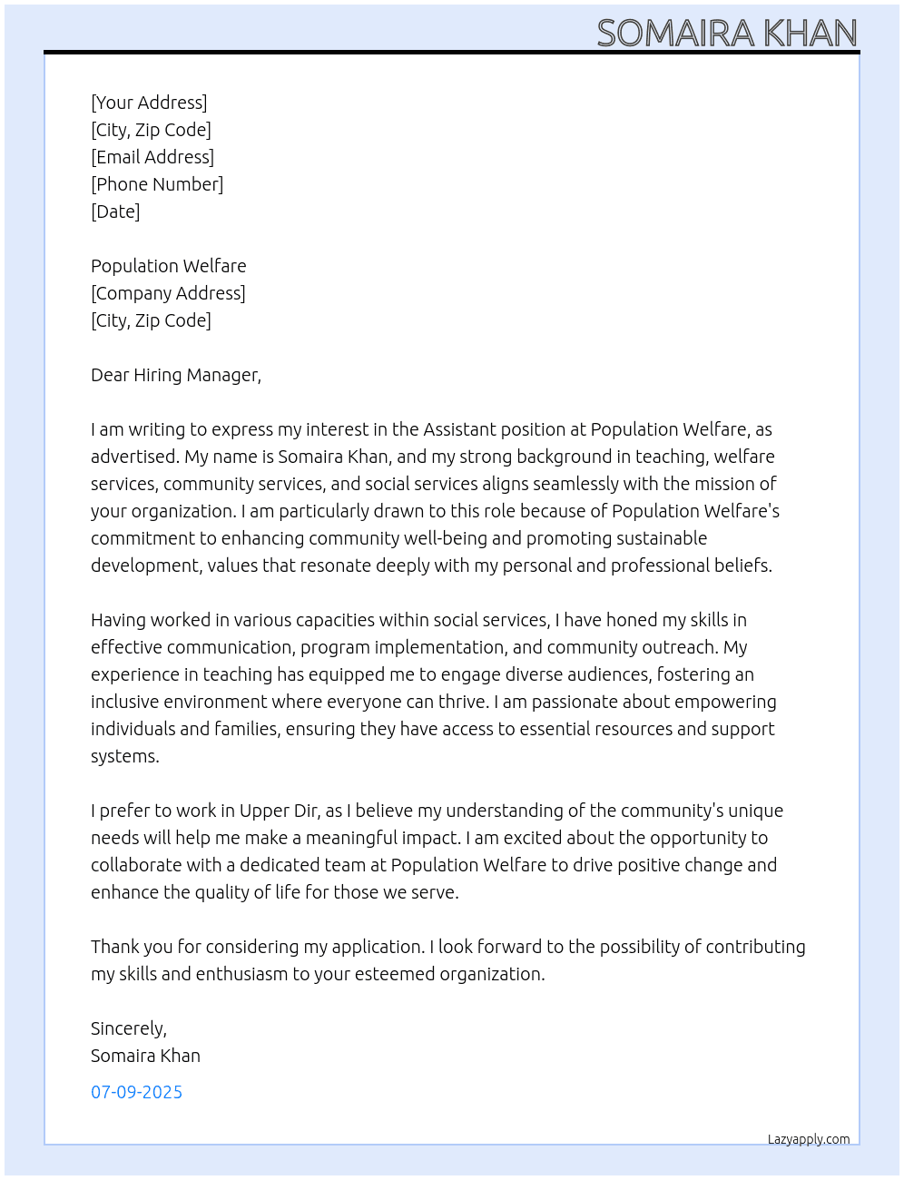 assistant At population welfare Cover Letter