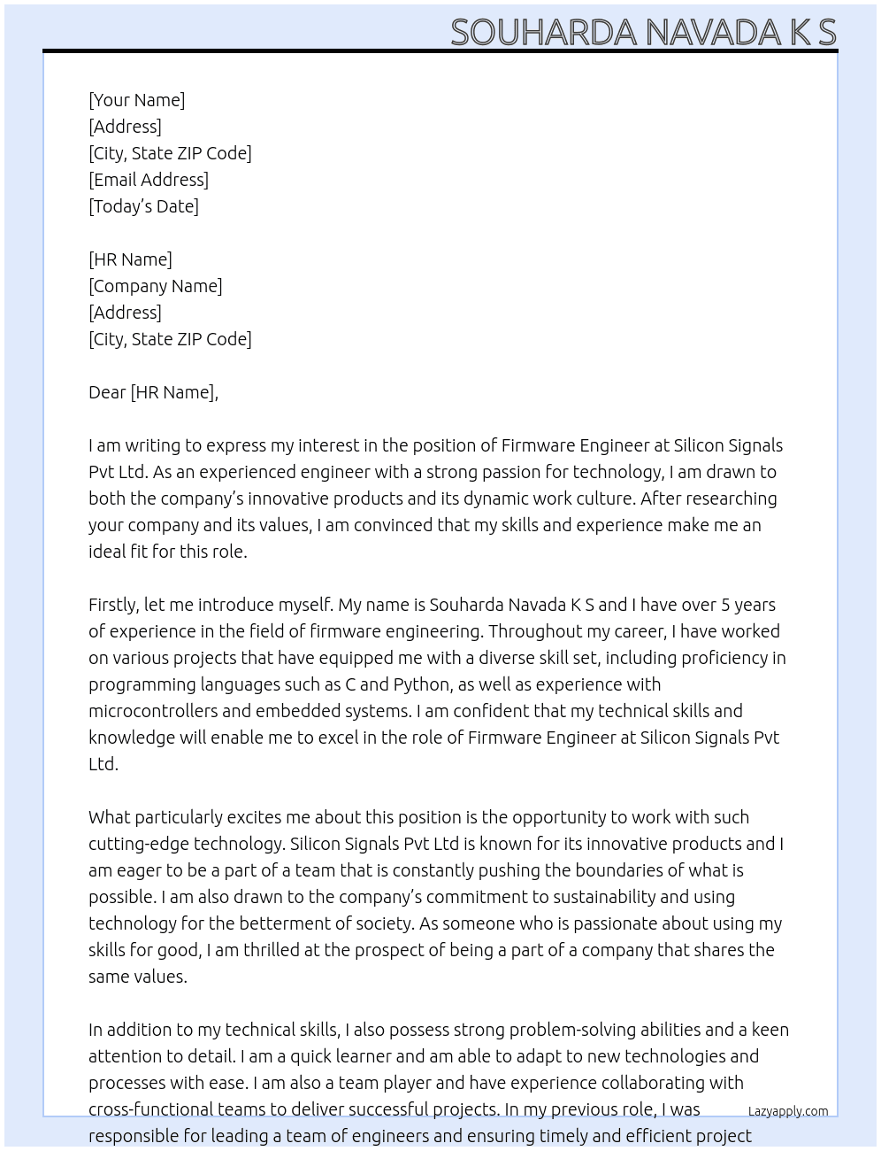 Firmware engineer At Silicon signals pvt ltd Cover Letter