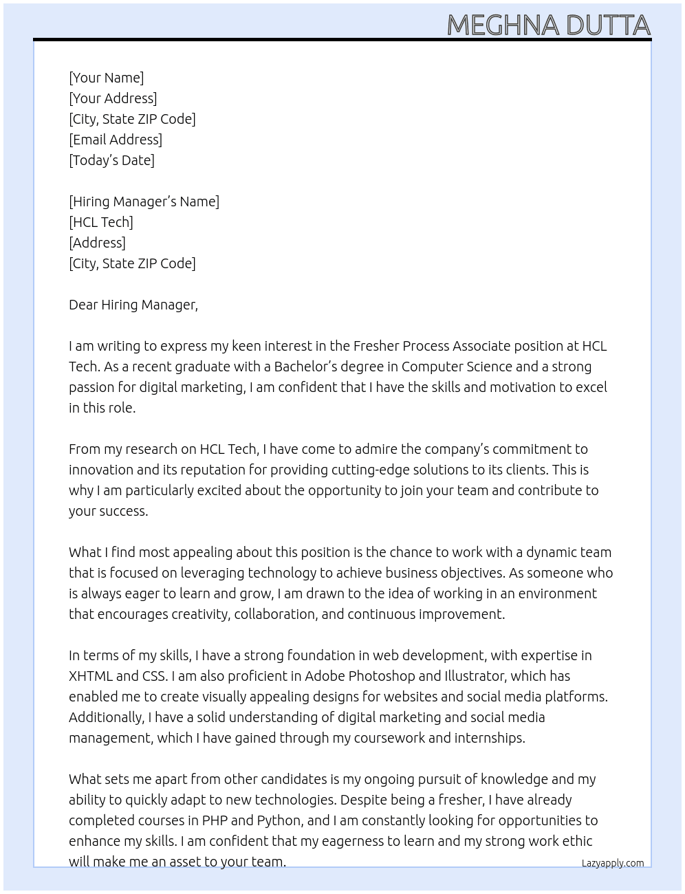 Fresher Process Associate At HCL Tech Cover Letter