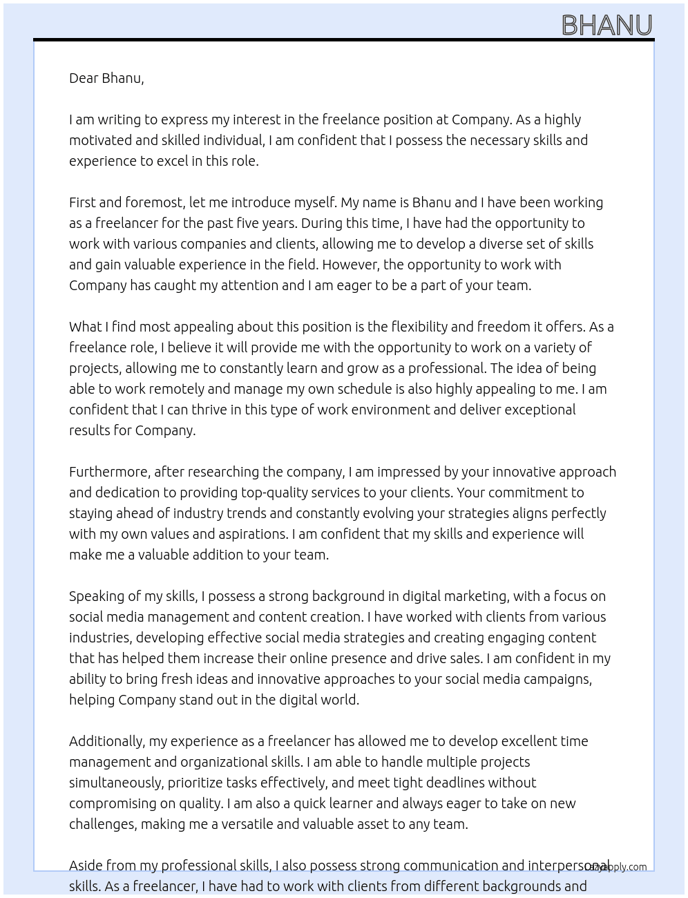 Freelance  At Company  Cover Letter