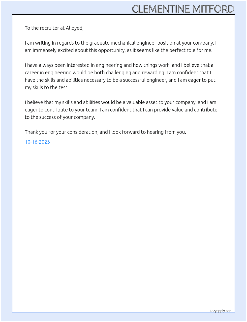 graduate mechanical engineer At alloyed Cover Letter