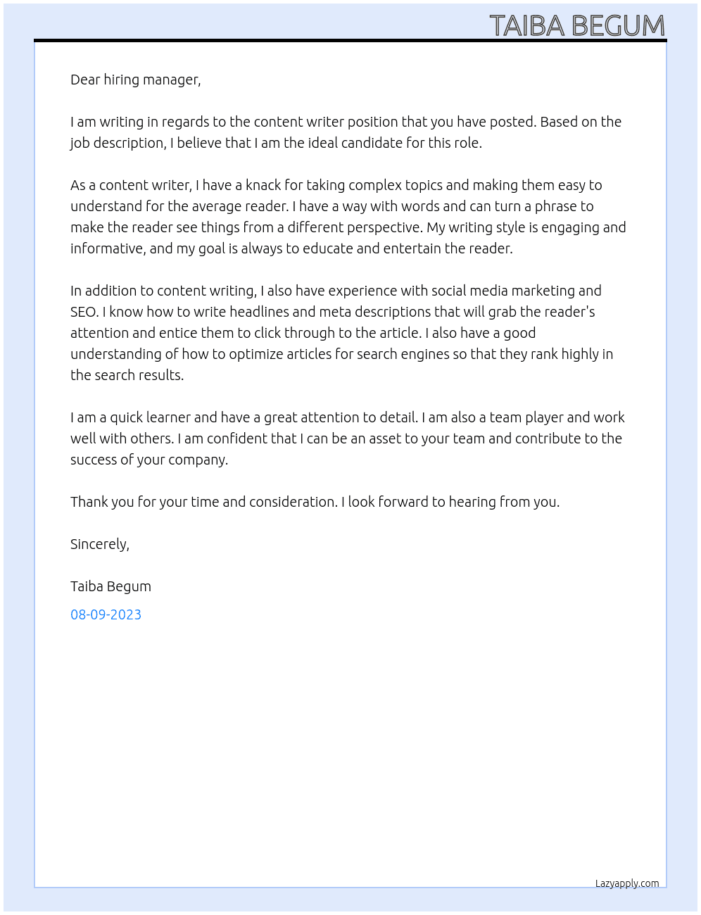 content writer At Taiba Begum Cover Letter