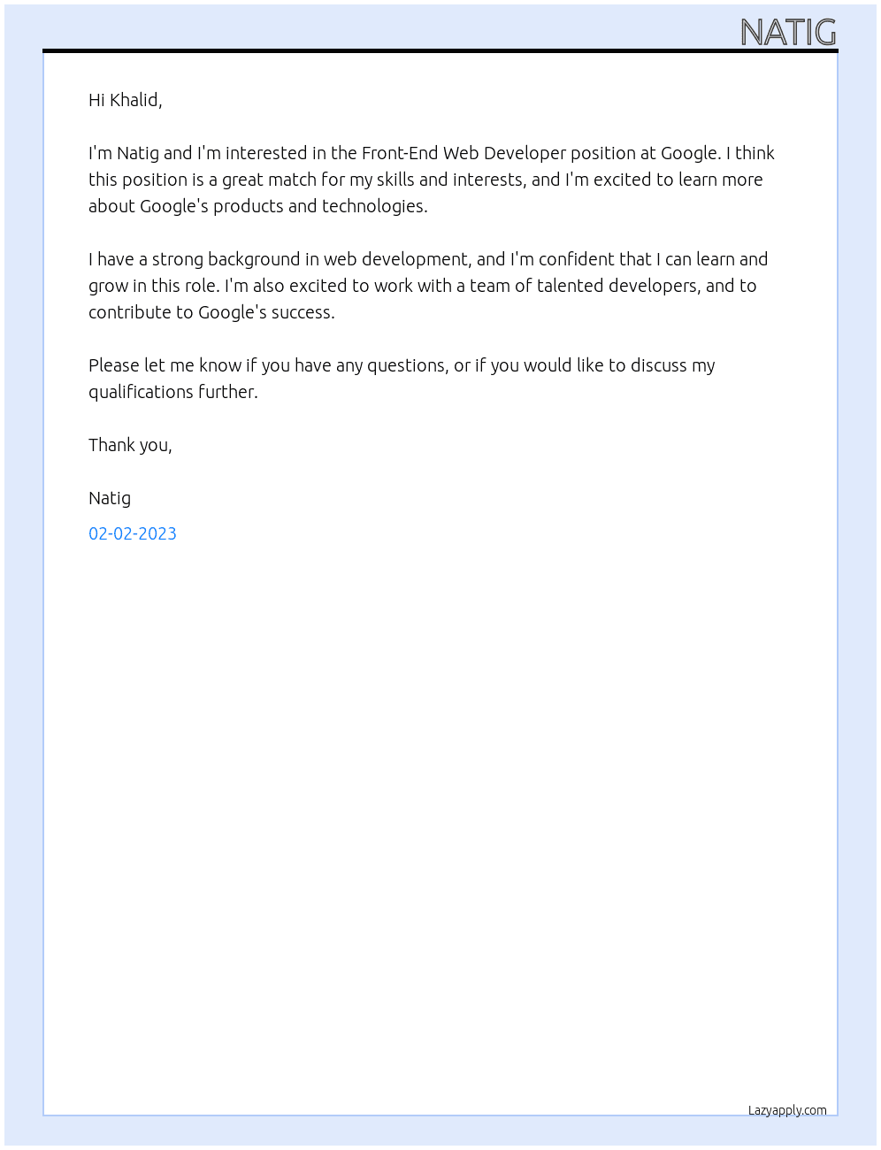Front-End Web Developer At Google Cover Letter