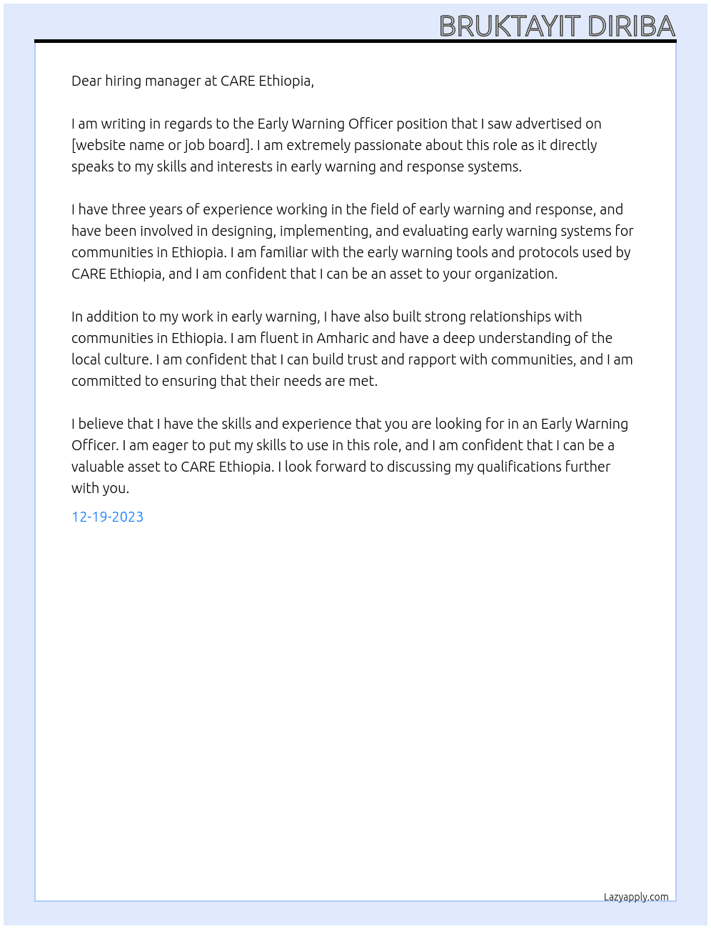 Early Warning Officer  At CARE Ethiopia Cover Letter