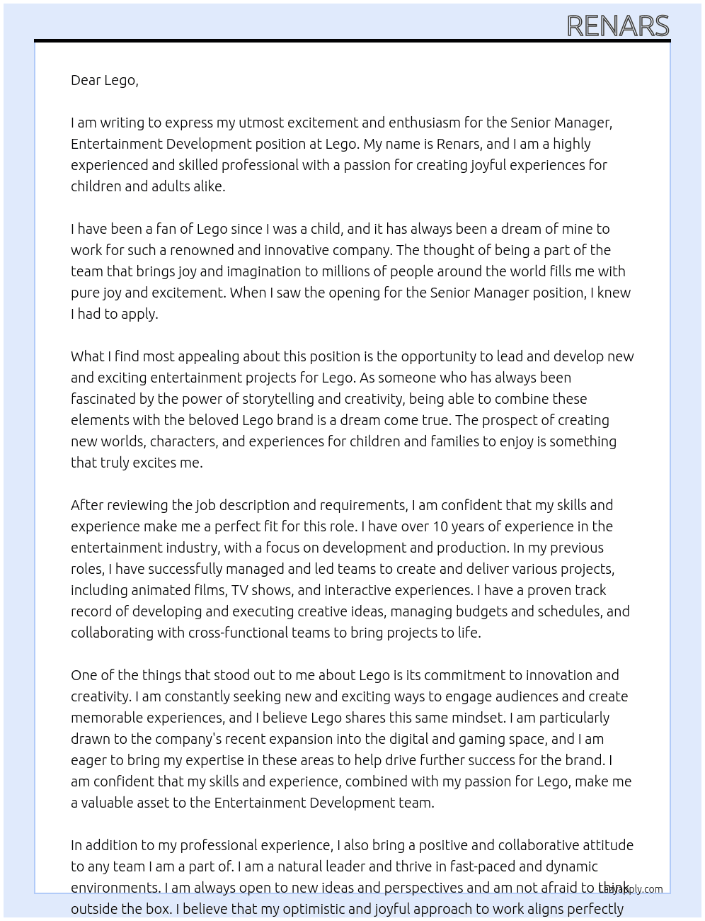Senior Manager, Entertainment Development At Lego Cover Letter