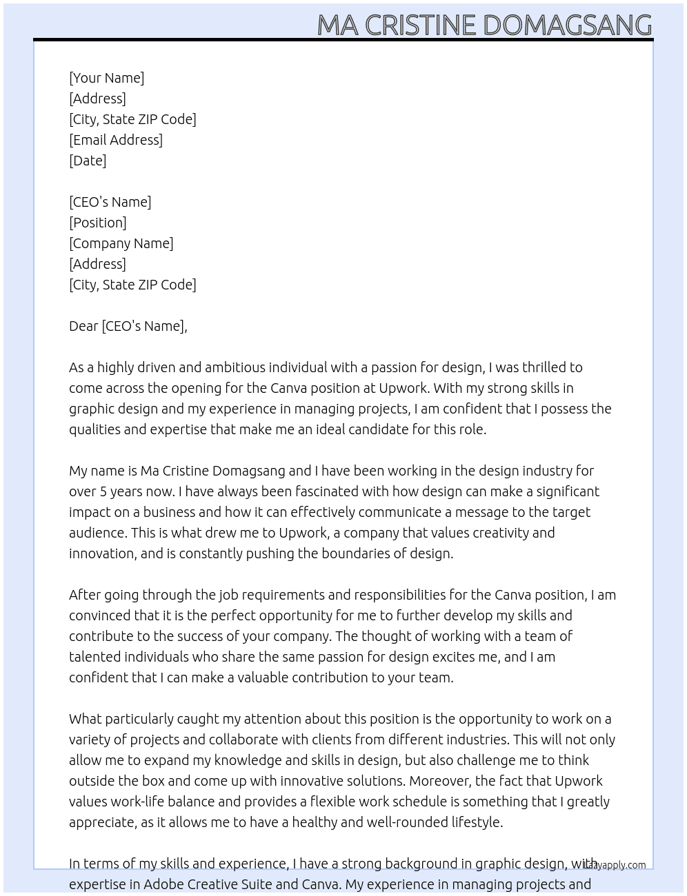 canva At upwork Cover Letter