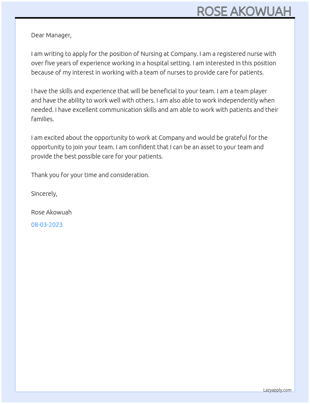 Nursing  At Company  Cover Letter