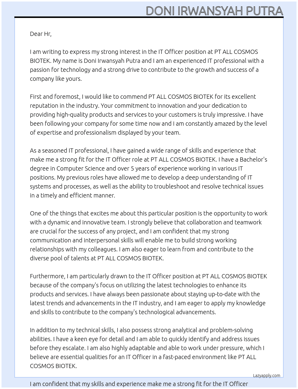 IT OFFICER At PT ALL COSMOS BIOTEK Cover Letter
