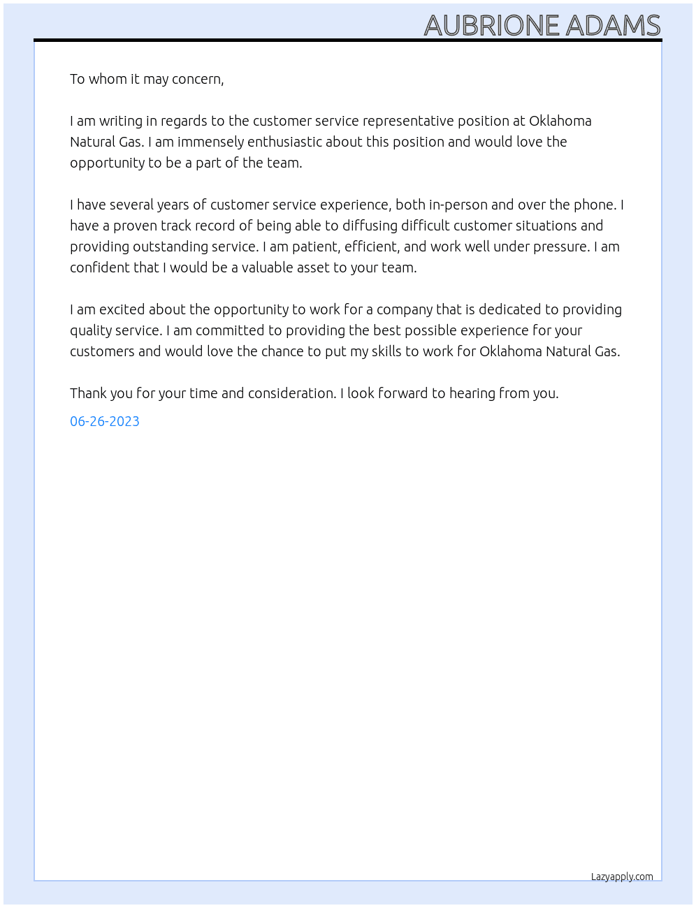 Customer service representative At Oklahoma Natural Gas Cover Letter