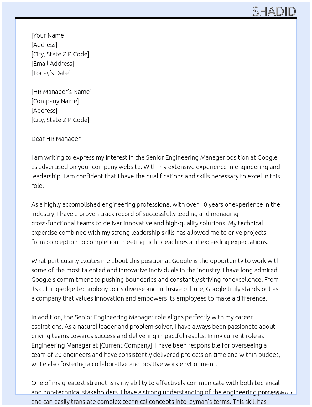 Cover letter for senior engineering manager - LazyApply