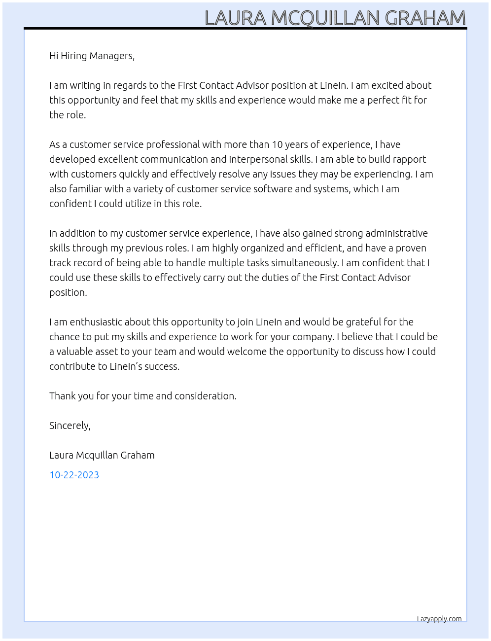 First contact advisor  At LineIn Cover Letter