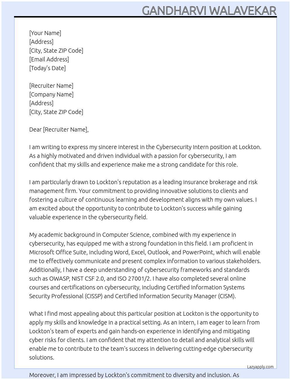 Cybersecurity intern At Lockton Cover Letter