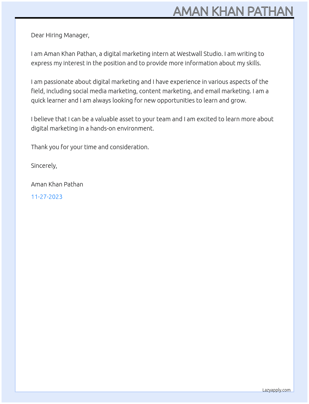 Digital marketing internship At Westwall Studio Cover Letter