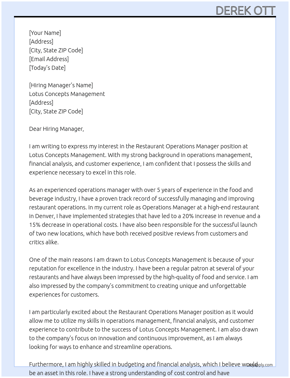 Restaurant Operations Manager At Lotus Concepts Management Cover Letter