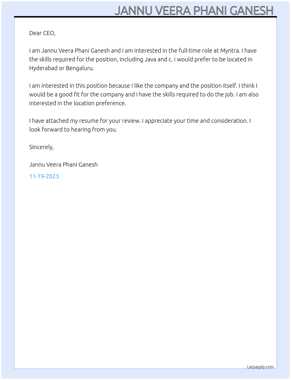 Cover letter  At Myntra  Cover Letter