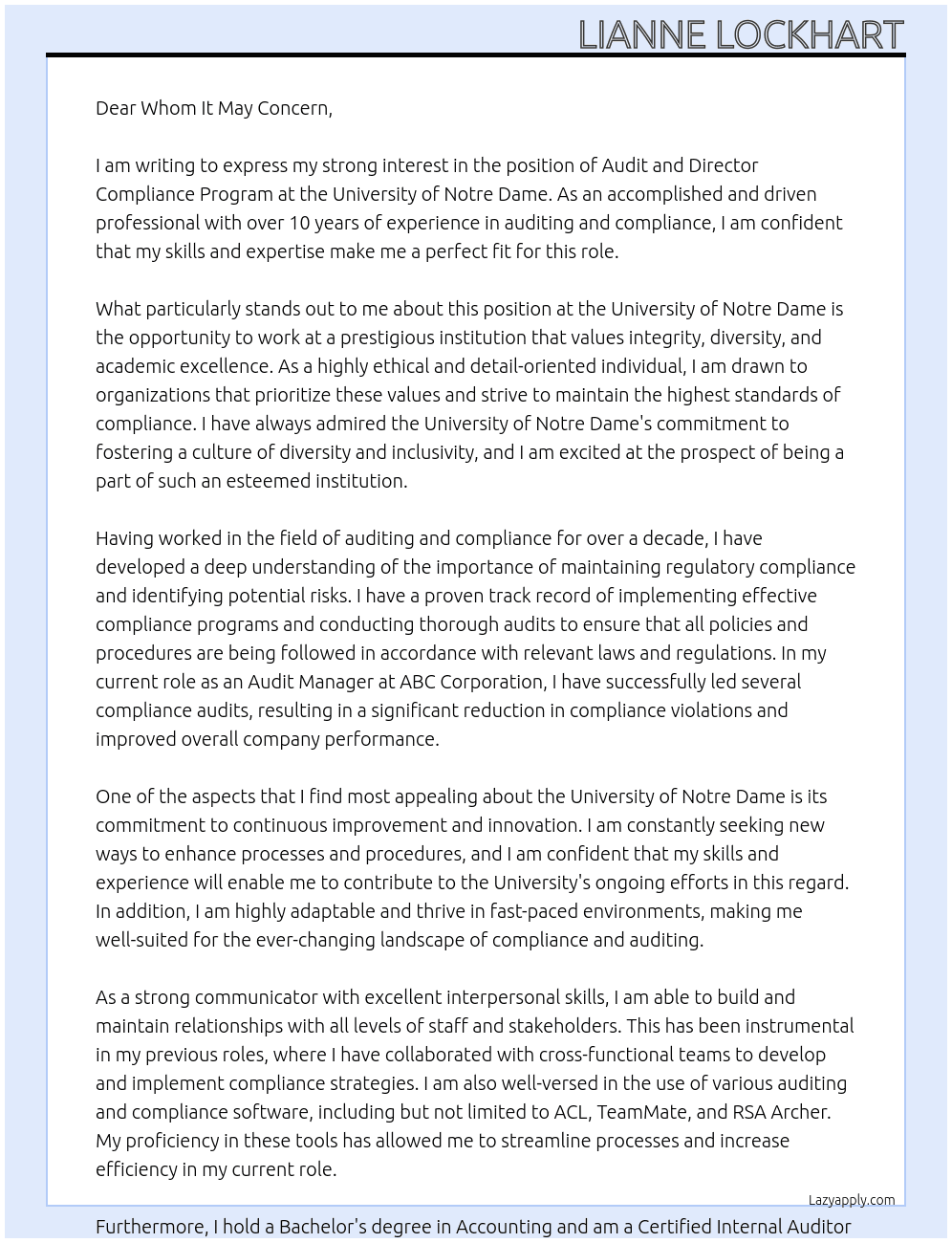 Audit &Director Compliance Program  At University of Notre Dame Cover Letter