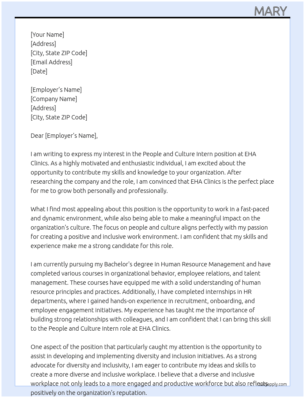 People and culture intern  At EHA clinics  Cover Letter