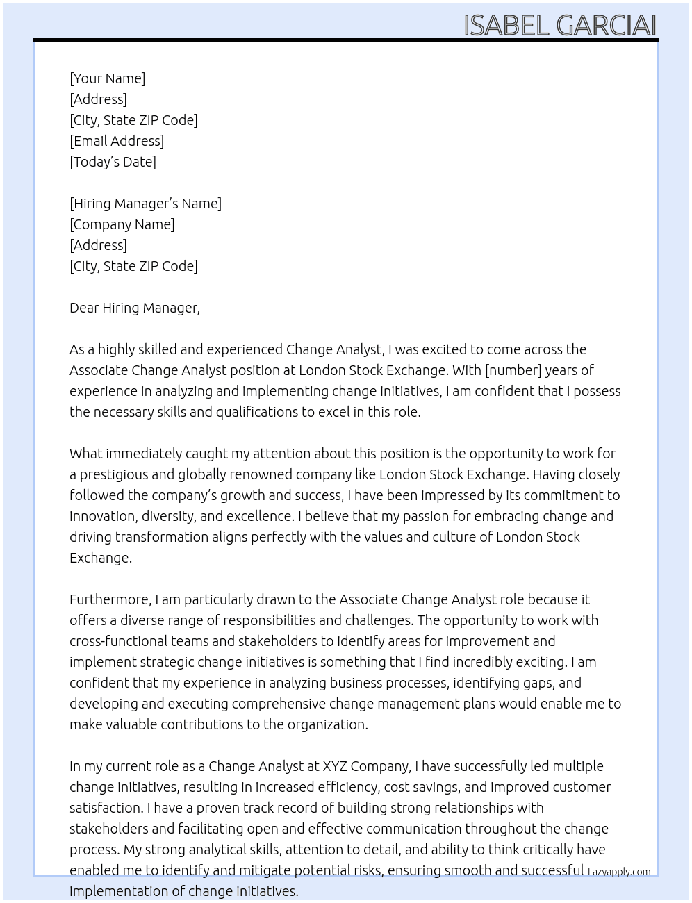 Associate Change Analyst At London Stock Exchange Cover Letter