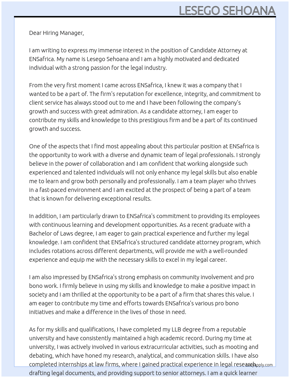 Candidate Attorney  At ENSafrica Cover Letter