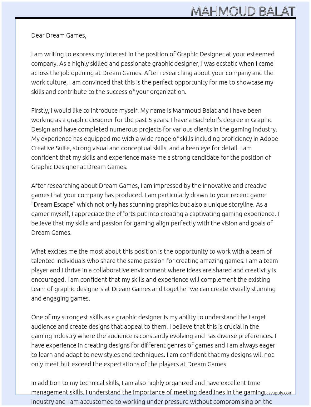 Graphic designer  At Dream games  Cover Letter