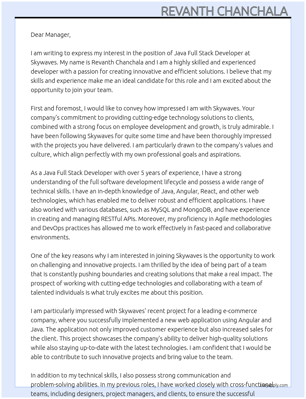 Java Full Stack Developer  At Skywaves Cover Letter