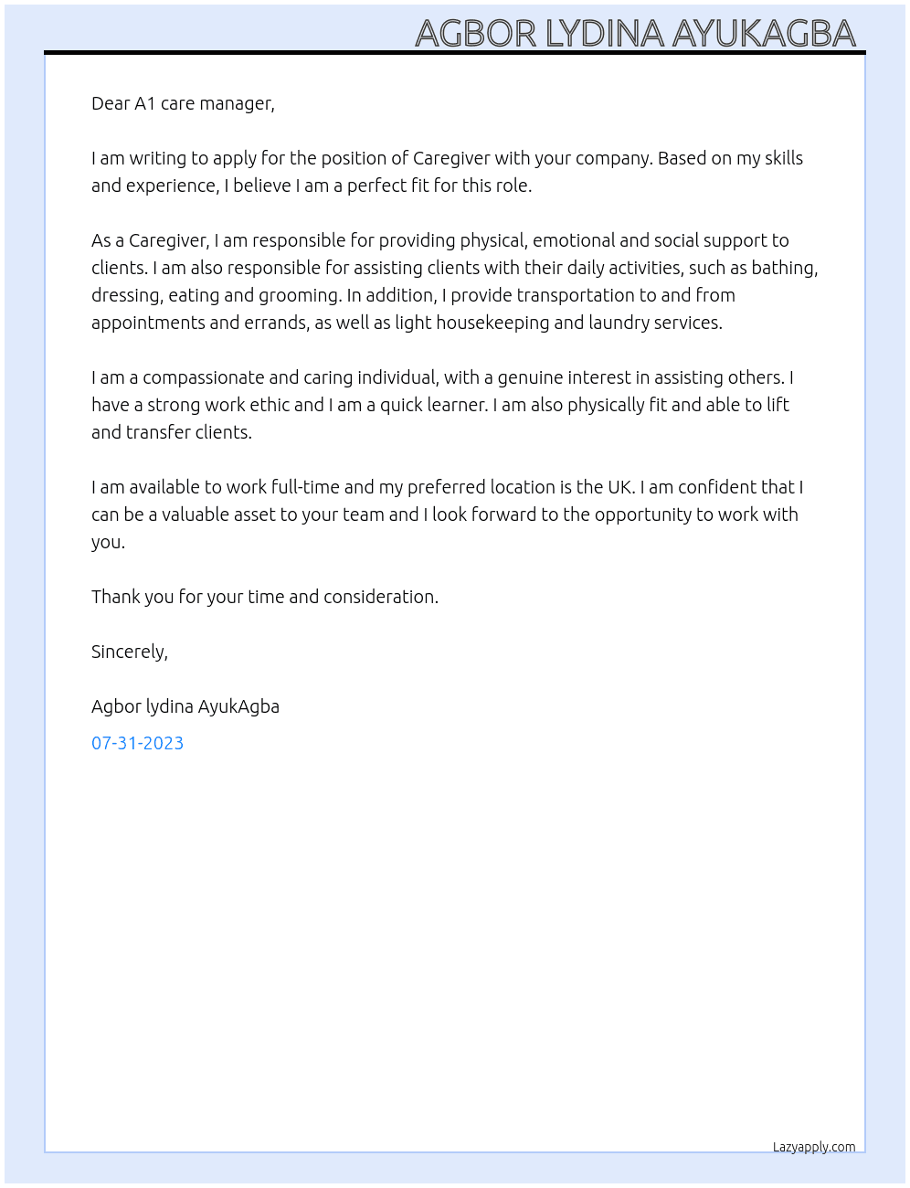 Caregiver  At A1 care Cover Letter