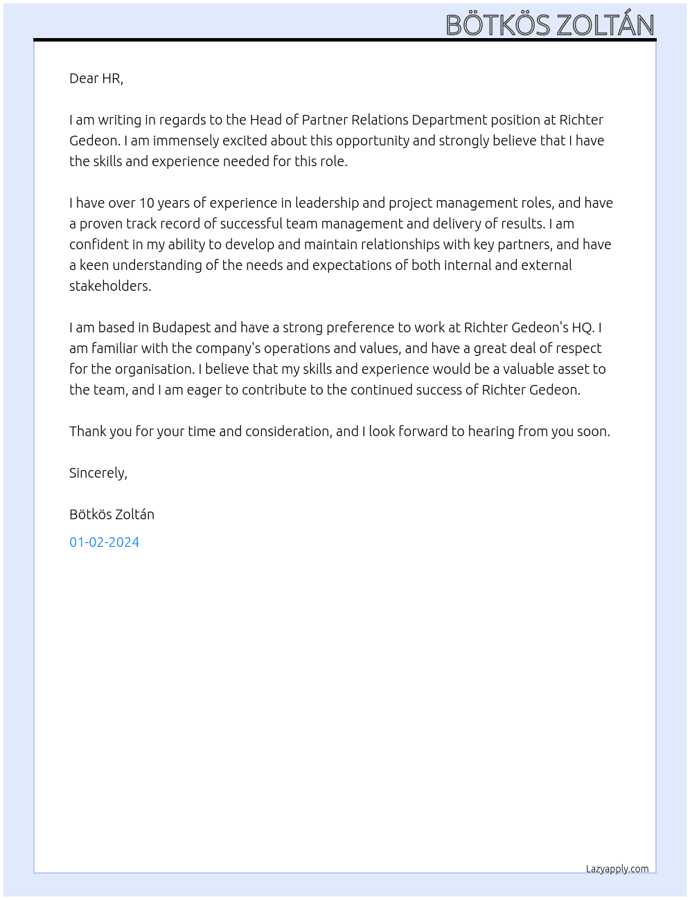 Head of Partner Relation Department At Richter Gedeon Cover Letter
