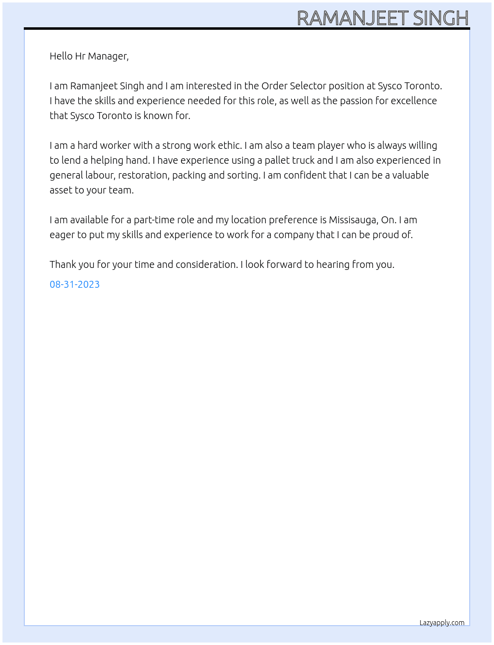Order Selector At Sysco Toronto Cover Letter