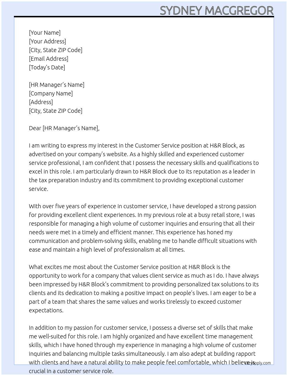 Customer service At Hr block Cover Letter
