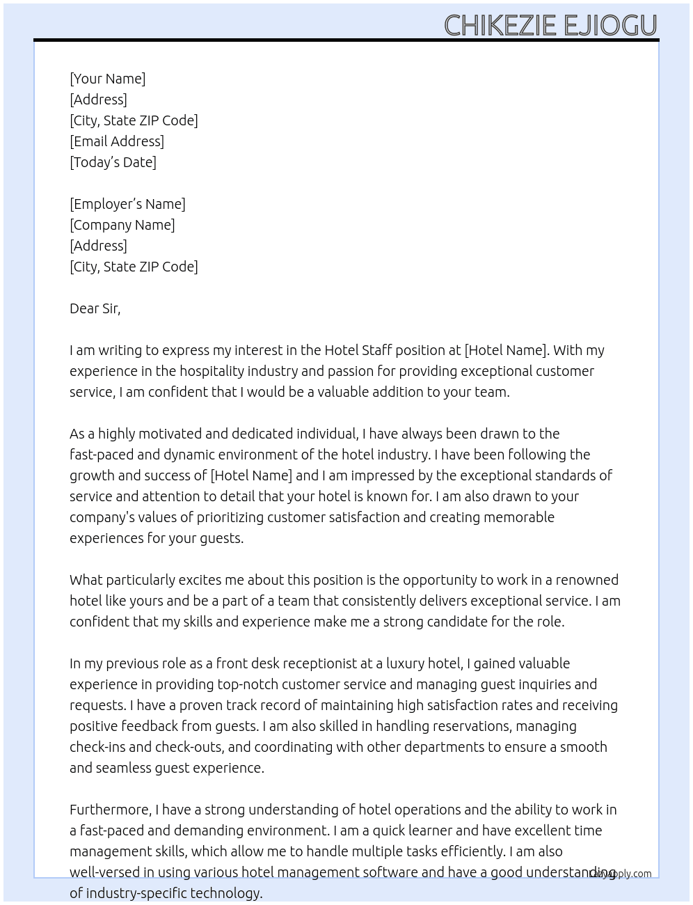 Hotel Staff At Hotel Cover Letter