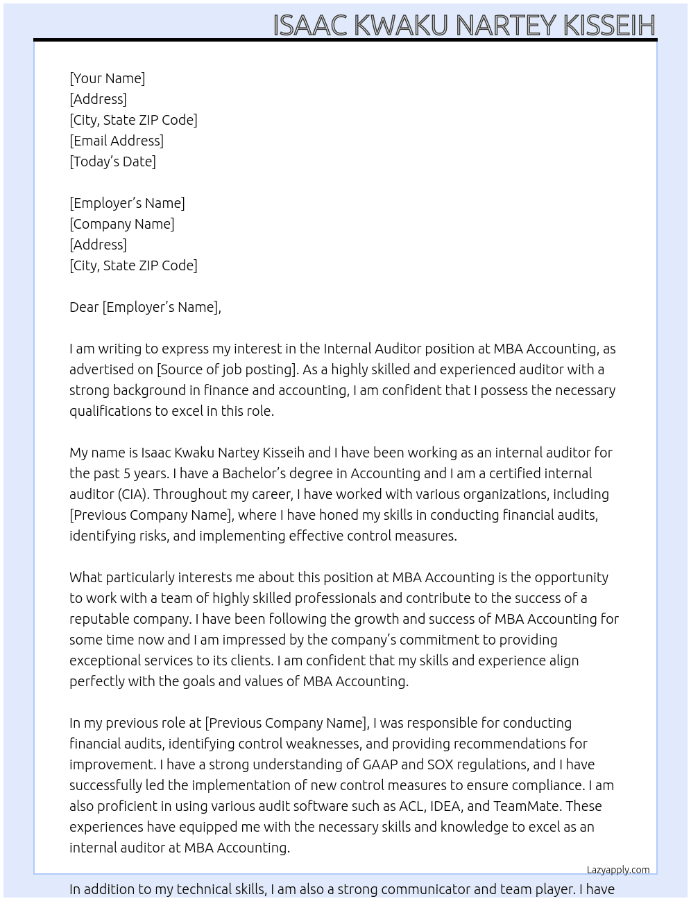Internal Auditor At MBA Accounting Cover Letter