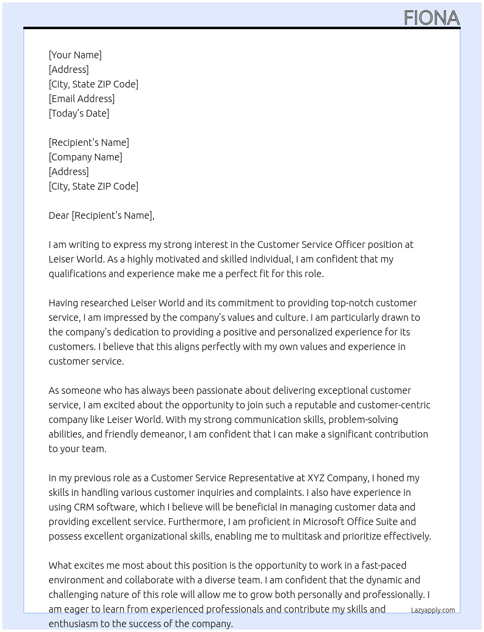 customer servicer officer At Leiser world Cover Letter
