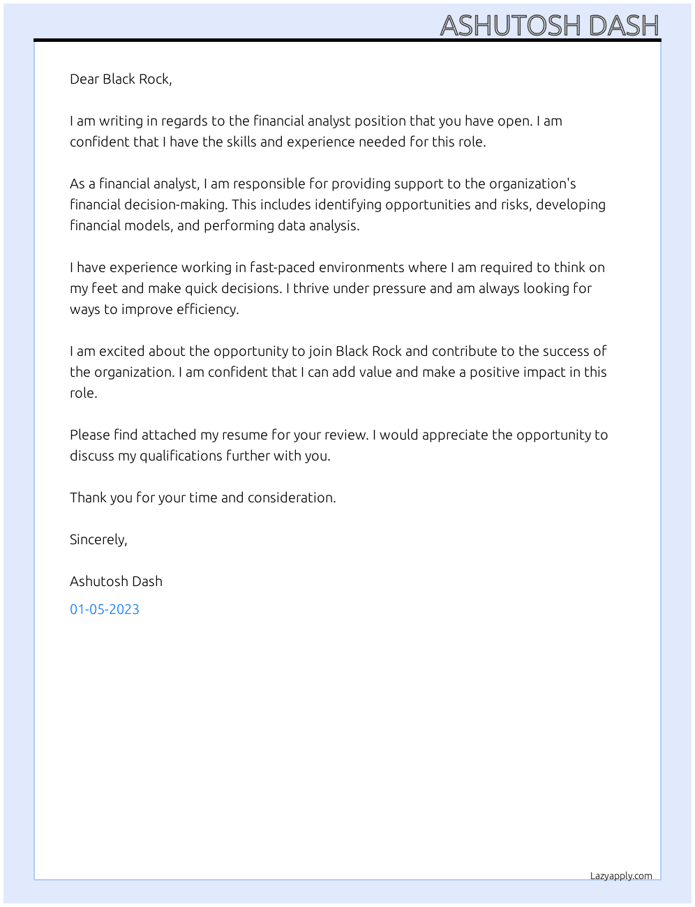 Financial Analyst  At Black Rock Cover Letter